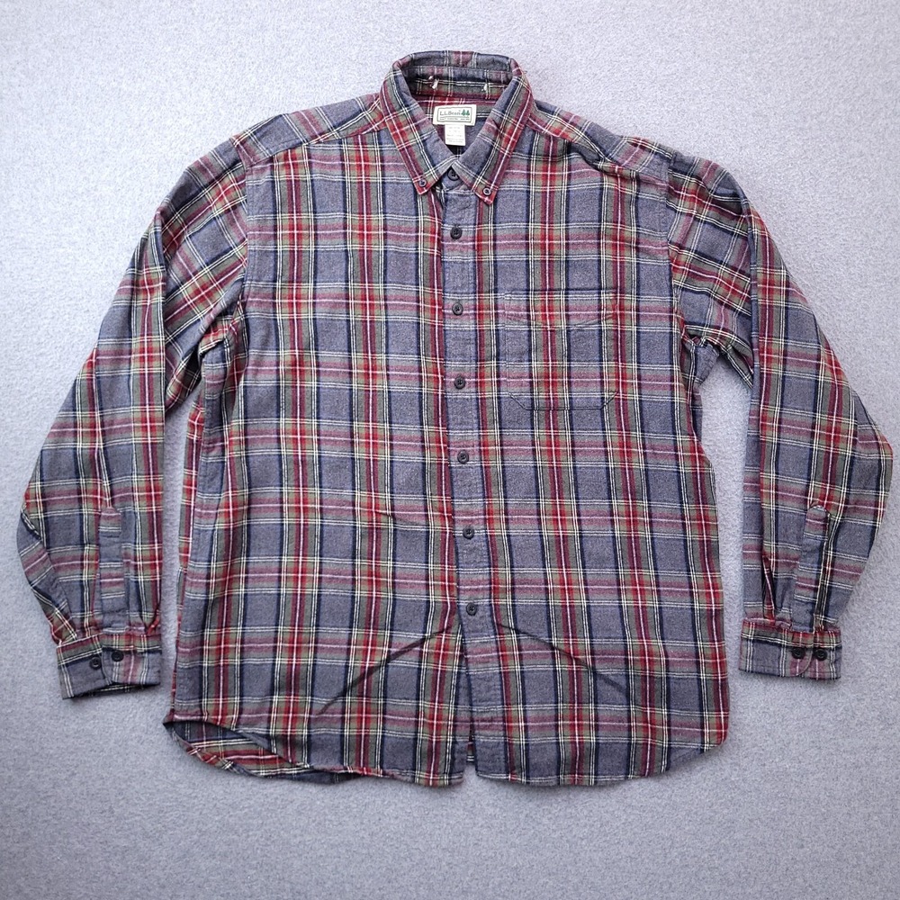 LL Bean Flannel Shirt Large Regular Long Sleeve Gray Plaid Button Down Sz Mens